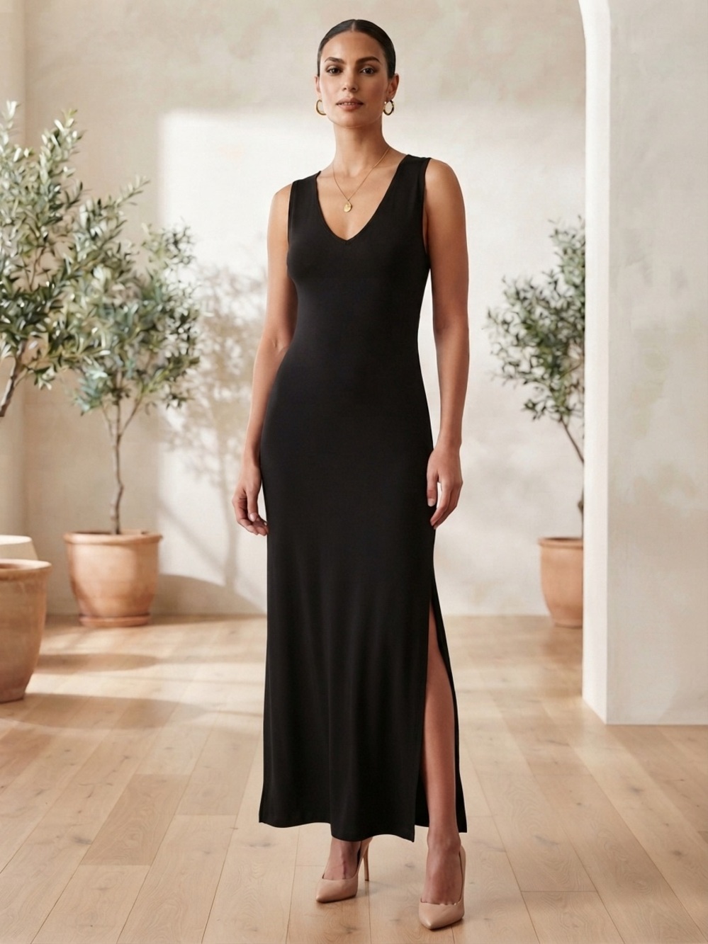 Open Edit Women’s Black Maxi Dress - Elegant V-Neck